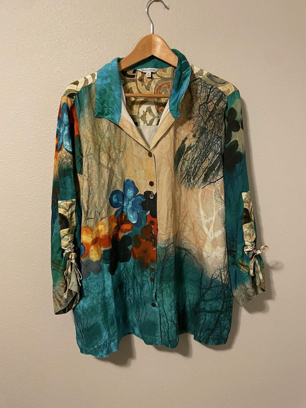 John Mark Tunic Top Womens 1X Multicolor Floral Abstract Button Up Artsy Boho